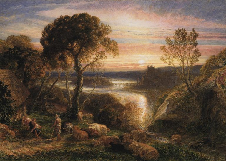 a painting of a landscape with sheep and a river